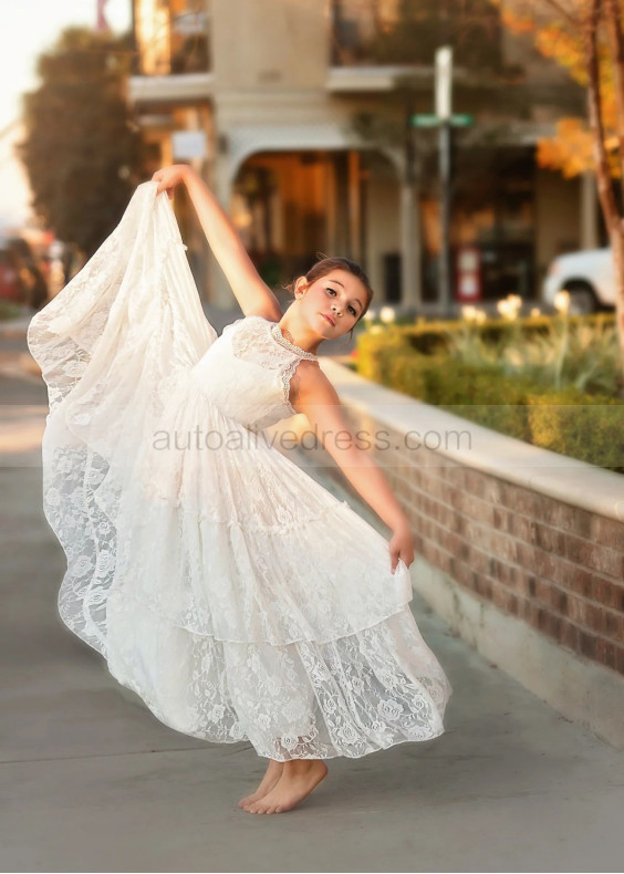 Halter Neck Ivory Lace Slit Back Long Flower Girl Dress